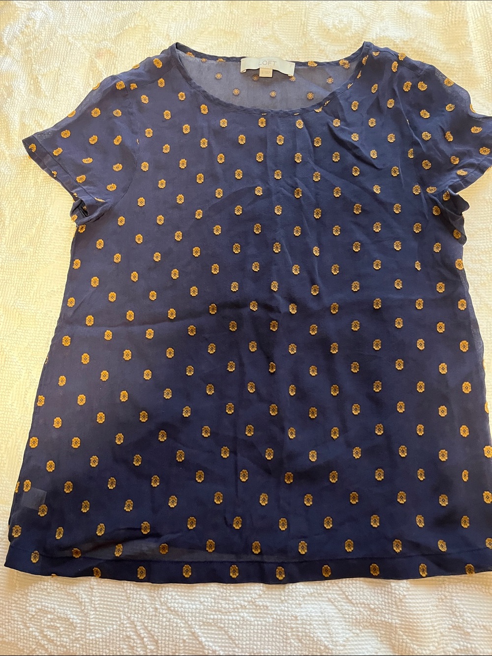LOFT Navy Blue Short Sleeve Blouse with Gold Dot Print